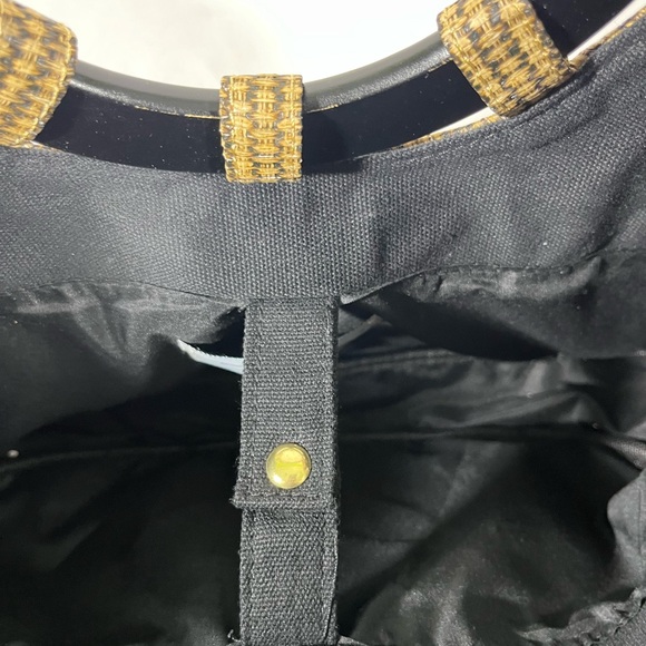 BRACIANO STRAW WOVEN PURSE WOODEN HANDLES GOLD MEDALLION BLACK PATENT CROC TRIM - Picture 8 of 13